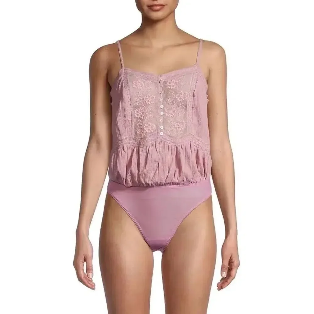 NWT Free People Still the One Lace Trim Cotton Bodysuit in La Fleur, Size XS